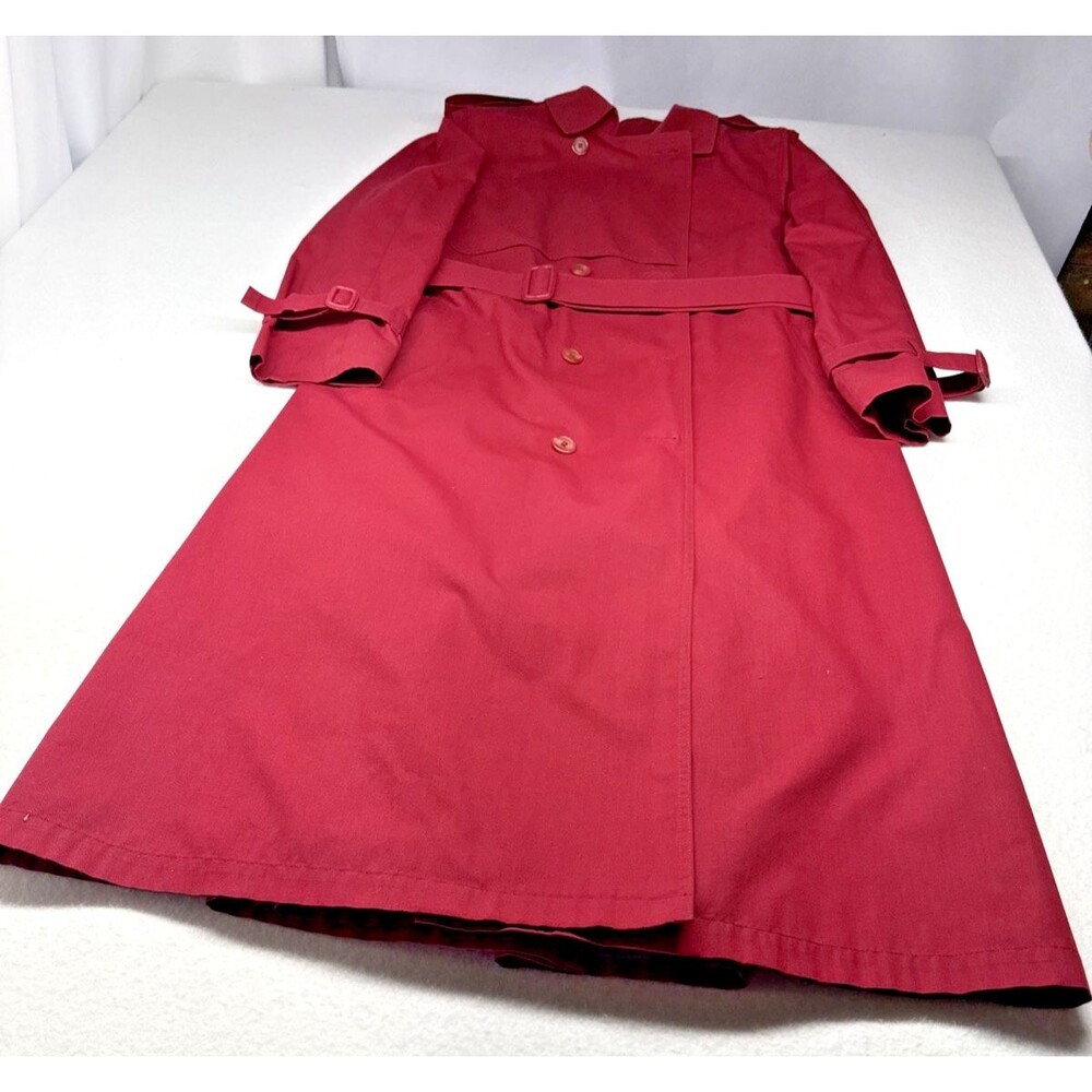 London Fog Wamsutta Red Trench Coat Womens 14 Belted USA Raincoat Vintage 70s